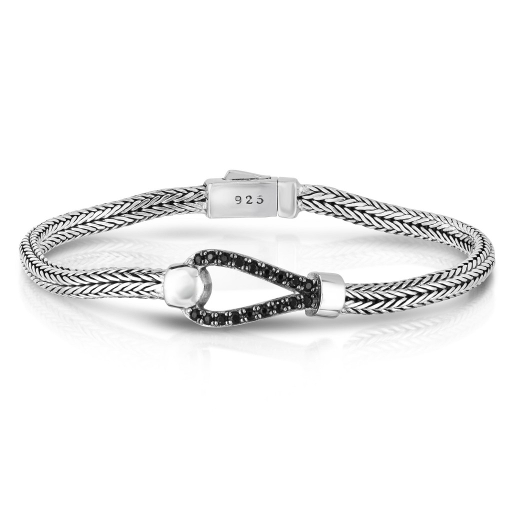 Woven Silver Hook Bracelet With Black  Sapphires
