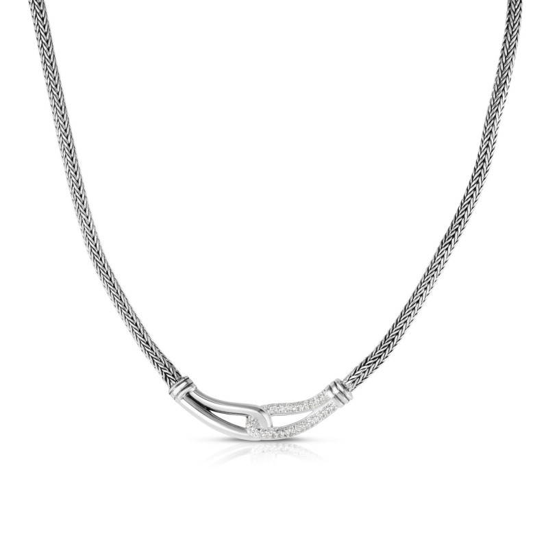 Woven Silver Large Interlocking Link Necklace With White Sapphires
