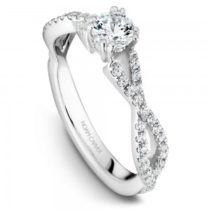 A Carver Studio white gold engagement ring with a twist band and 53 diamonds.