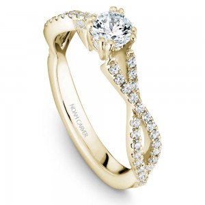 A Carver Studio yellow gold engagement ring with a twist band and 53 diamonds.