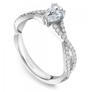 A Carver Studio white gold engagement ring with a twist band, a pear center stone and 57 diamonds.