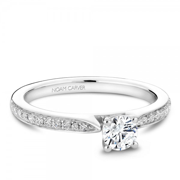 A solitaire Carver Studio white gold engagement ring with a round center stone and 23 diamonds.