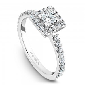 A Carver Studio white gold engagement ring with a square halo .