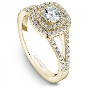 A Carver Studio yellow gold engagement ring with a double halo .