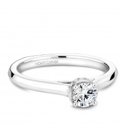 A solitaire Carver Studio white gold engagement ring with 15 diamonds.