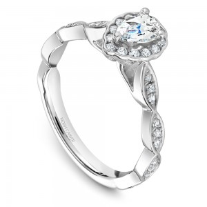 A Carver Studio white gold engagement ring with a pear floral halo and 38 diamonds.