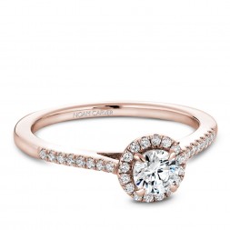 A Carver Studio rose gold engagement ring with 33 diamonds.