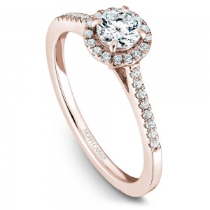 A Carver Studio rose gold engagement ring with 33 diamonds.
