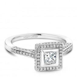 A modern Carver Studio white gold engagement ring with a square halo and 123 diamonds.