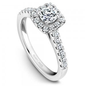 A Carver Studio white gold engagement ring with a square halo and 25 diamonds.