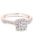 A Carver Studio rose gold engagement ring with a square halo and 25 diamonds.