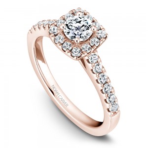 A Carver Studio rose gold engagement ring with a square halo and 25 diamonds.