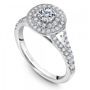A Carver Studio white gold engagement ring with a double halo and 63 diamonds.