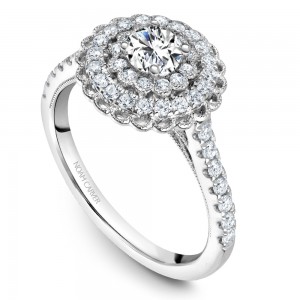 A floral Carver Studio white gold engagement ring with a double halo and 55 diamonds.
