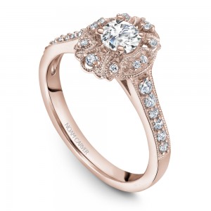 A modern Carver Studio rose gold engagement ring with 29 diamonds.