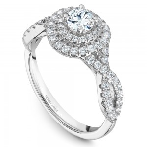 A Carver Studio white gold engagement ring with a twist band, double halo and 71 diamonds.