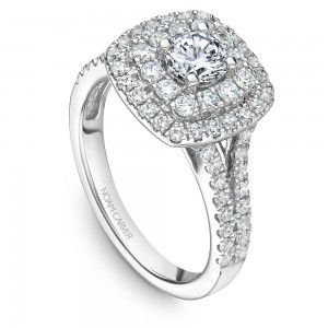 A modern Carver Studio white gold engagement ring with a double halo and 69 diamonds.