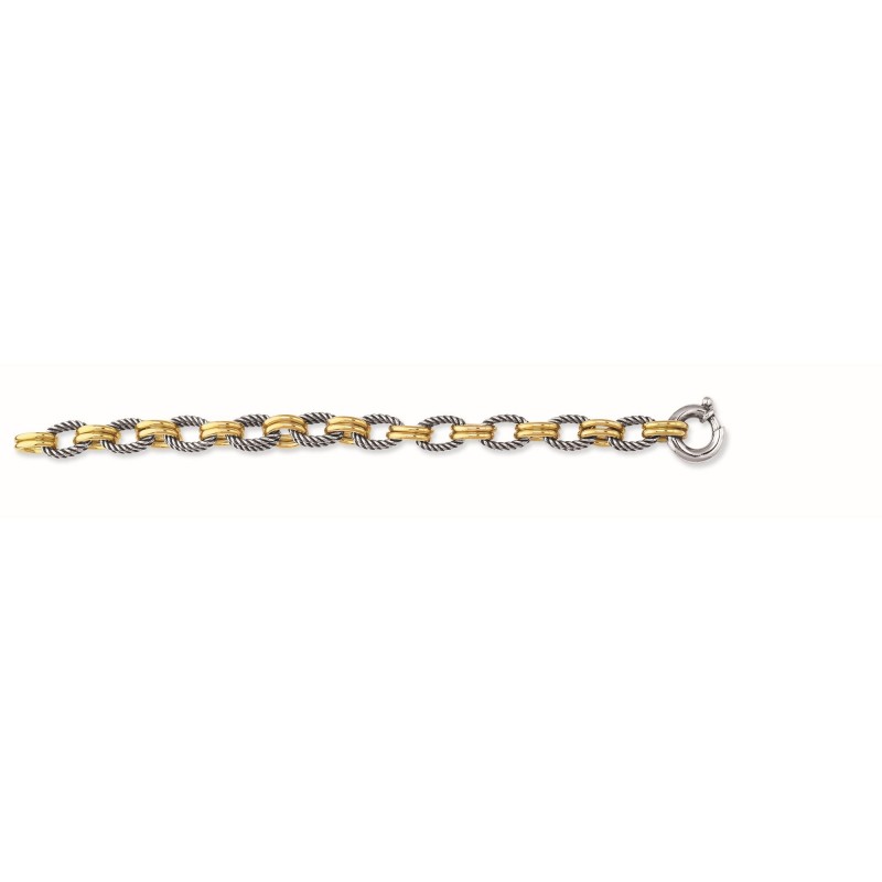 Silver And 18Kt Gold Combined Oval Links Italian Cable Bracelet With Large Spring Ring Clasp