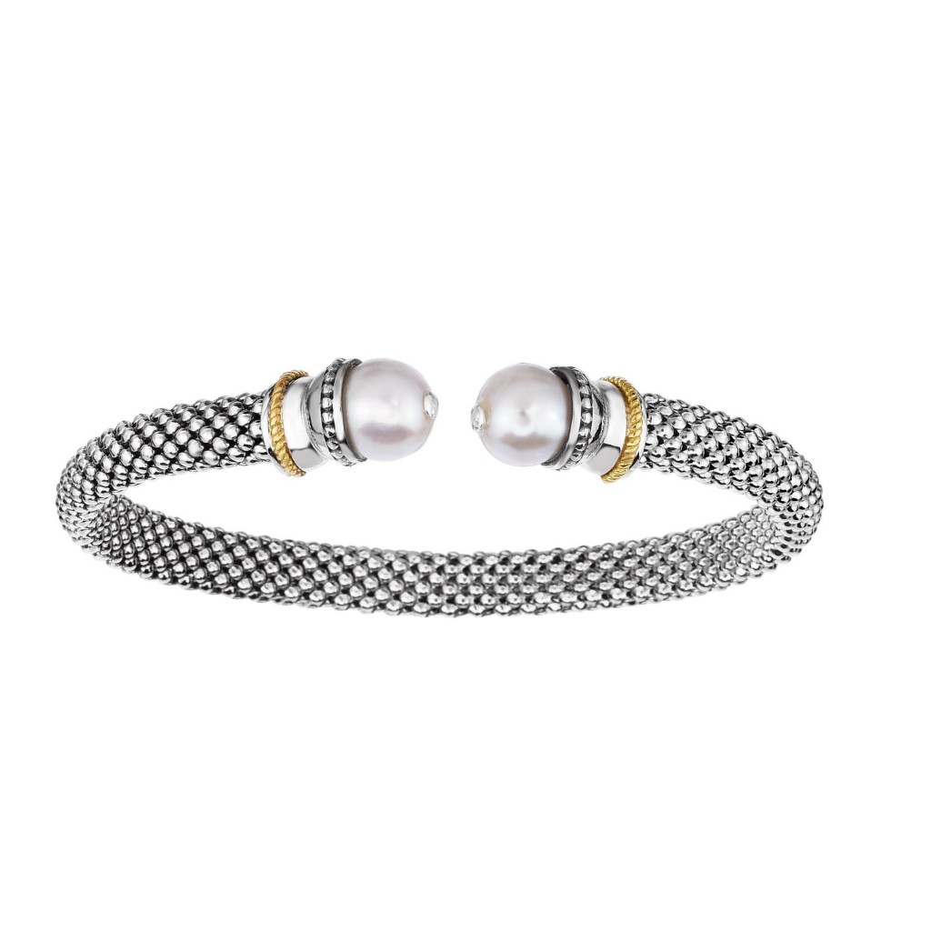 Silver And 18Kt Gold  Textured Popcorn Cuff Bangle  With Ball White Pearl