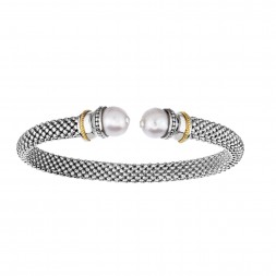 Silver And 18Kt Gold  Textured Popcorn Cuff Bangle  With Ball White Pearl