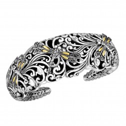 Silver And 18Kt Gold 19Mm Dragonfly Graduated Cuff Bangle
