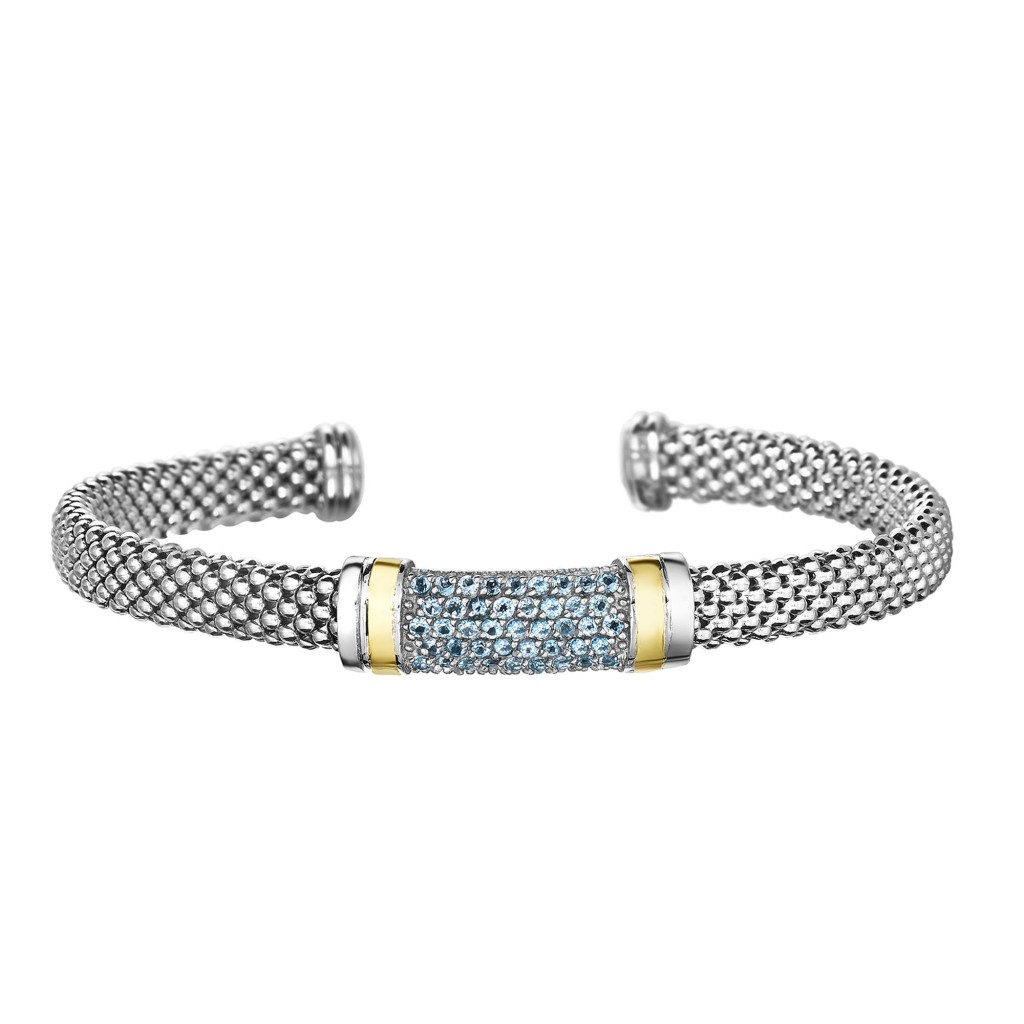 Silver And 18Kt Gold Popcorn Cuff Bracelet With Blue Topaz