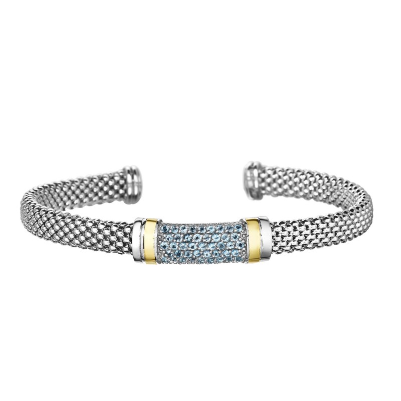 Silver And 18Kt Gold Popcorn Cuff Bracelet With Blue Topaz