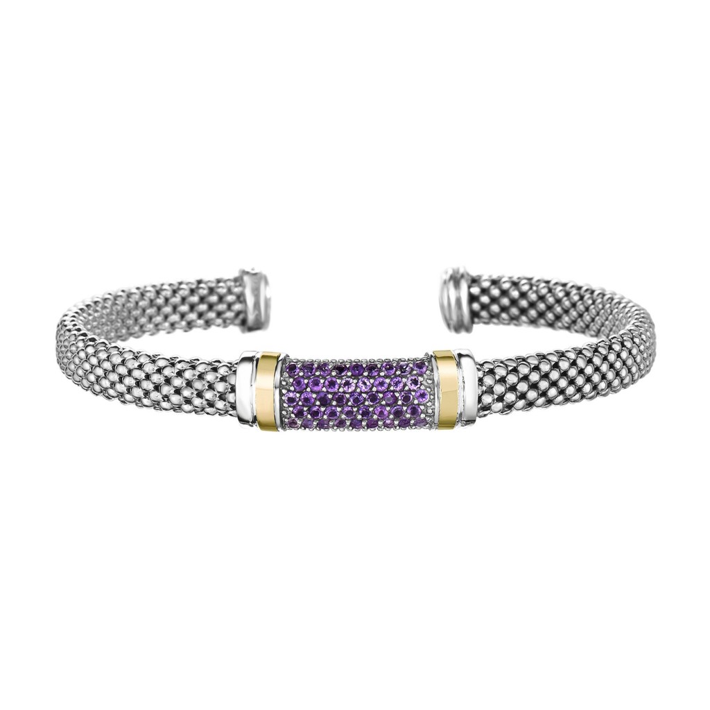 Silver And 18Kt Gold Popcorn Cuff Bracelet With Amethyst