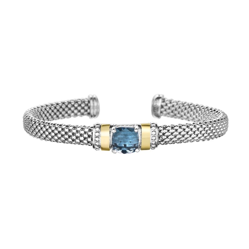 Silver And 18Kt Gold Popcorn Cuff Bracelet With Blue Topaz