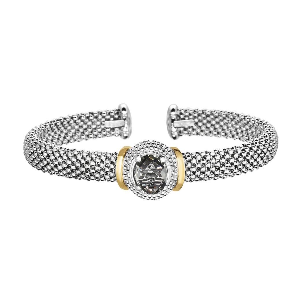 Silver And 18Kt Gold Popcorn Cuff Bracelet With Oval Green Amethyst