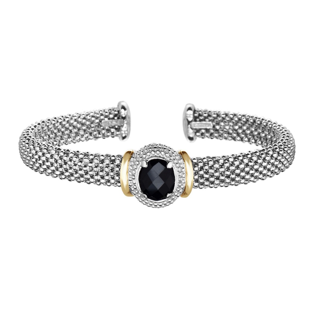 Silver And 18Kt Gold Popcorn Cuff Bracelet With Oval Black Onyx