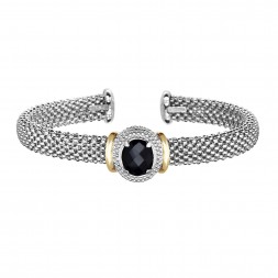 Silver And 18Kt Gold Popcorn Cuff Bracelet With Oval Black Onyx