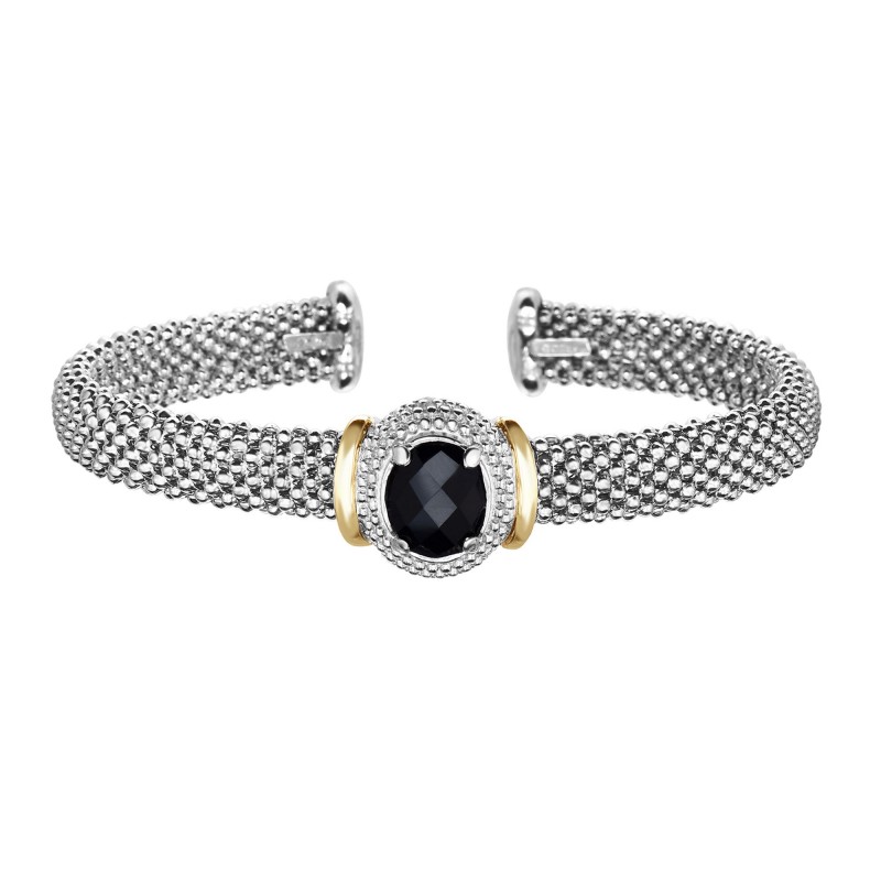 Silver And 18Kt Gold Popcorn Cuff Bracelet With Oval Black Onyx