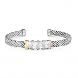 Sterling Silver And 18K Gold Popcorn Cuff Bracelet With .14Ct Diamond Bars