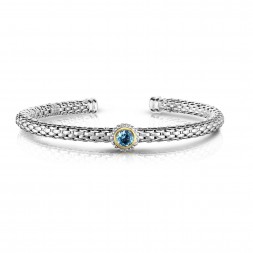 Sterling Silver And 18K Gold Popcorn Cuff Bangle With Round Blue Topaz