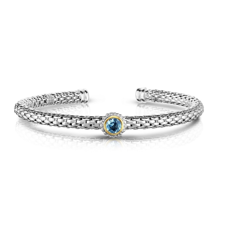 Sterling Silver And 18K Gold Popcorn Cuff Bangle With Round Blue Topaz