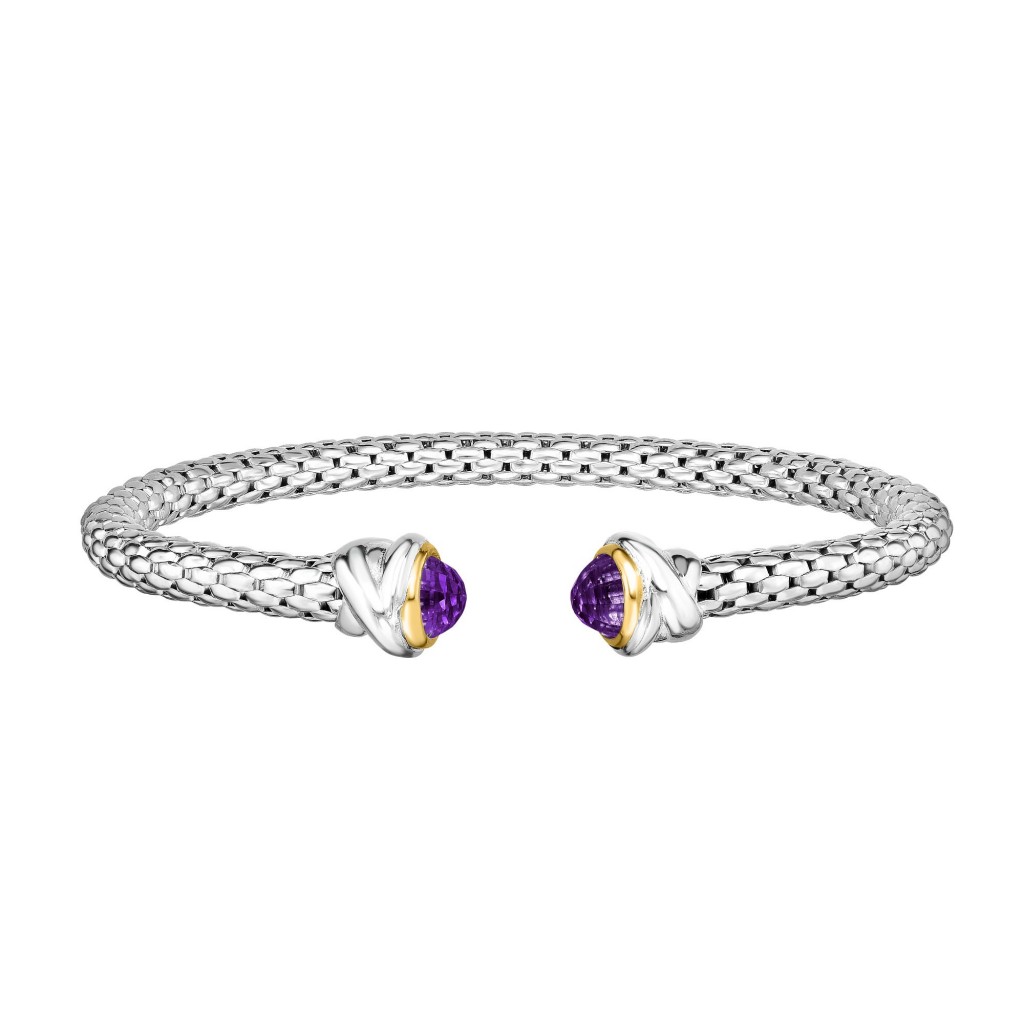 Sterling Silver And 18K Gold Popcorn Cuff Bangle With Amethyst