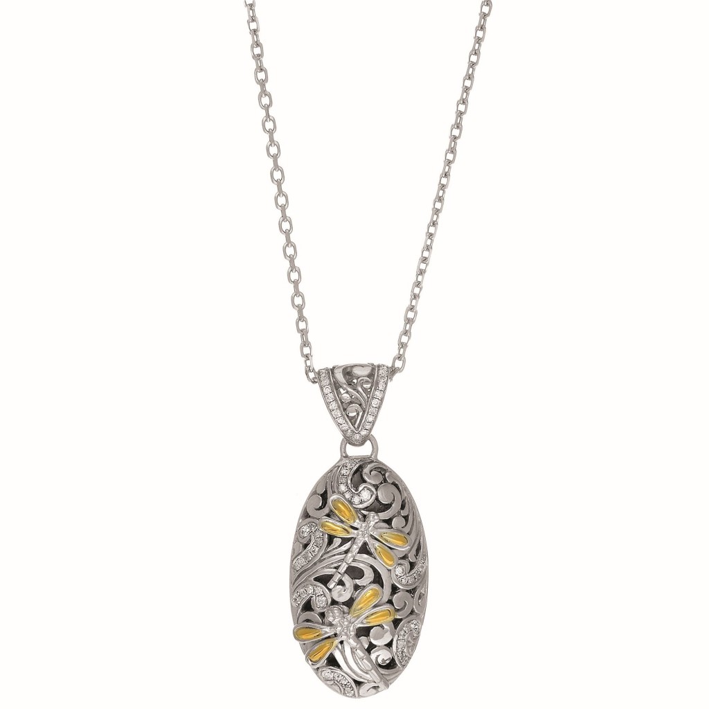 Silver And 18Kt Gold Dragonfly  Oval Pendant With 0.43Ct. Diamonds