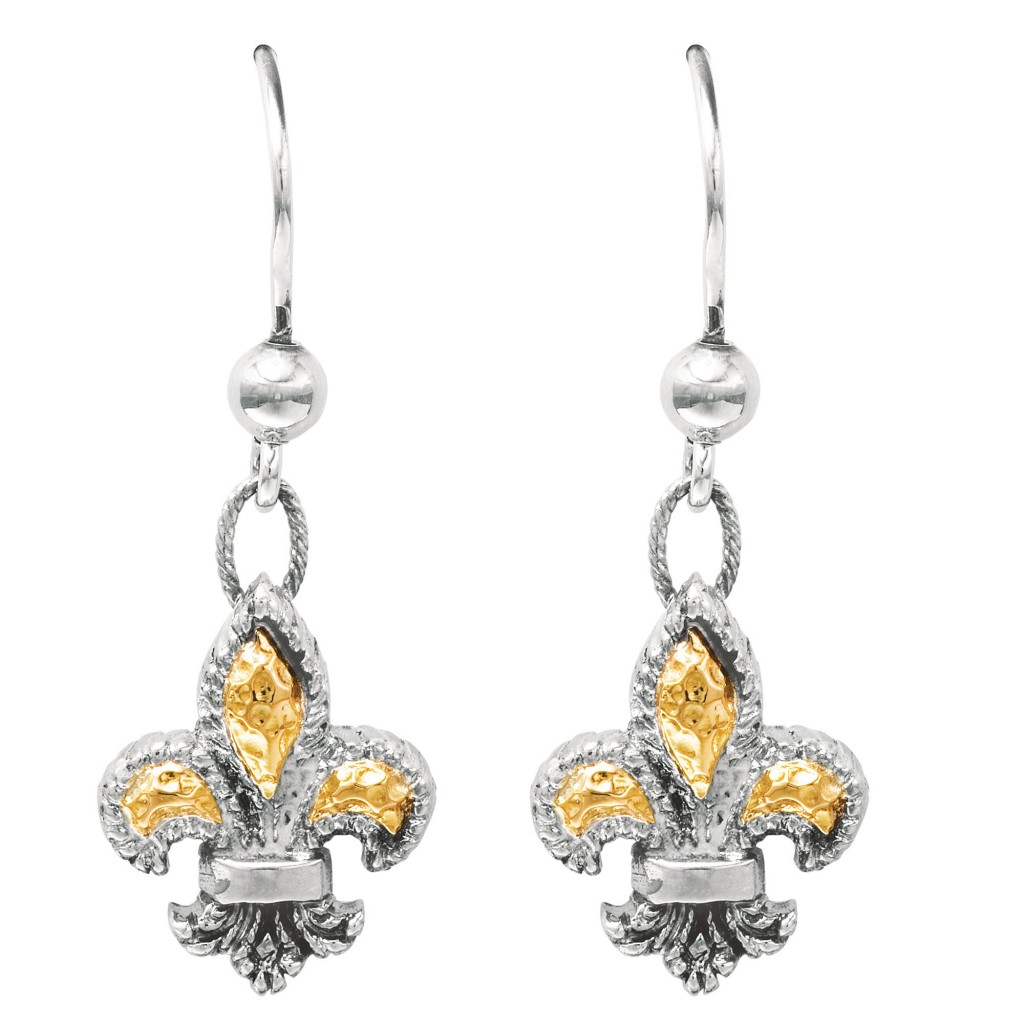 Silver And 18Kt Gold Drop Fleur De Lis  Earrings