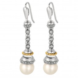 Silver And 18Kt Gold Popcorn Drop Earringsd With Euro Wire Clasp And Ball White Pearl