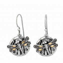 Silver And 18Kt Gold Oxidized Dragonfly Bamboo Earrings