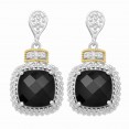 Silver And 18Kt Gold Textured Square Popcorn Drop Earrings With Push Back Clasp, Diamonds And  Black Onyx
