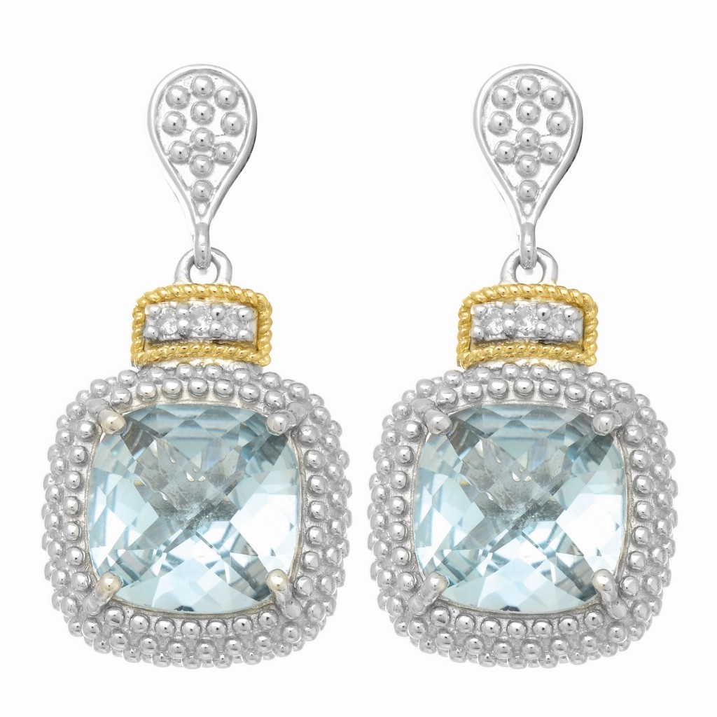 Silver And 18Kt Gold Textured Square Popcorn Drop Earrings With Push Back Clasp, Diamonds And  Blue Topaz