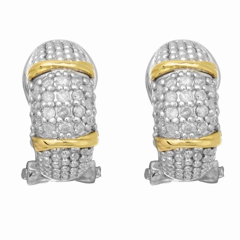 Silver And 18Kt Gold Textured Curve Popcorn Post Earrings With Omega Back Clasp And  Diamonds