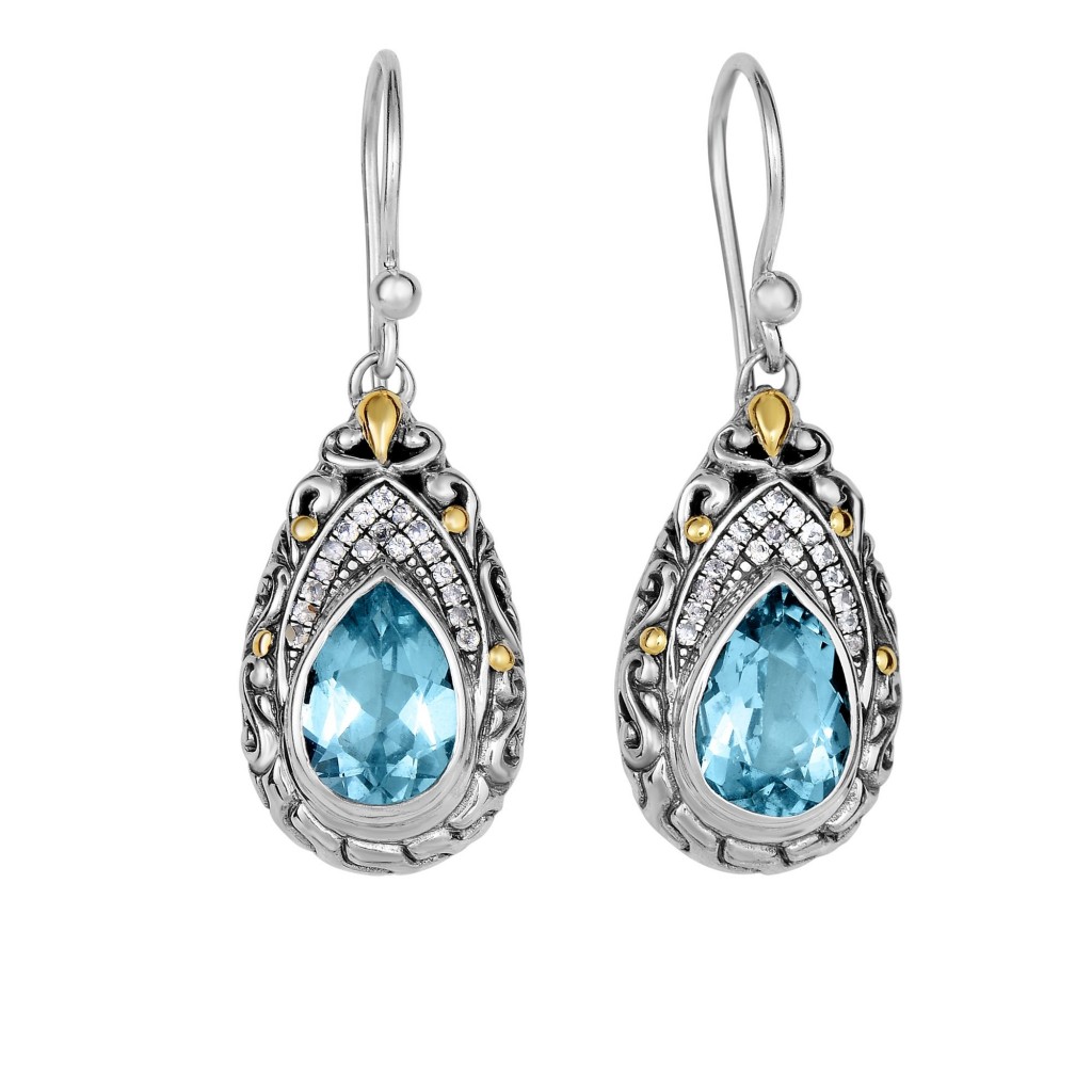 Silver And 18Kt Gold Teardrop Filigree Earrings With Blue Topaz And White Sapphires