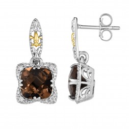 Silver And 18Kt Gold Gem Candy Drop Earrings With  Smokey Quartz And Diamonds