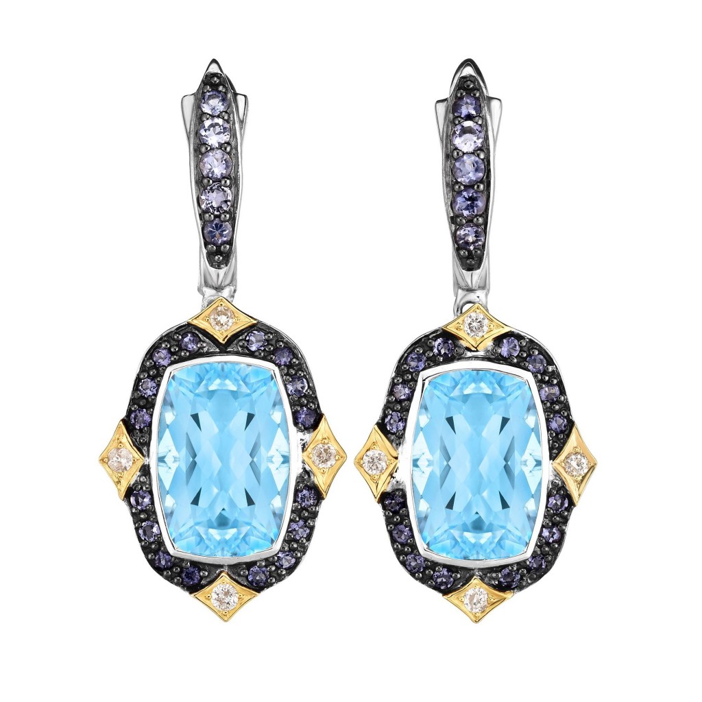 Silver And 18Kt Gold Euro Wire  Drop Earrings With Blue Topaz, Iolite And Diamonds