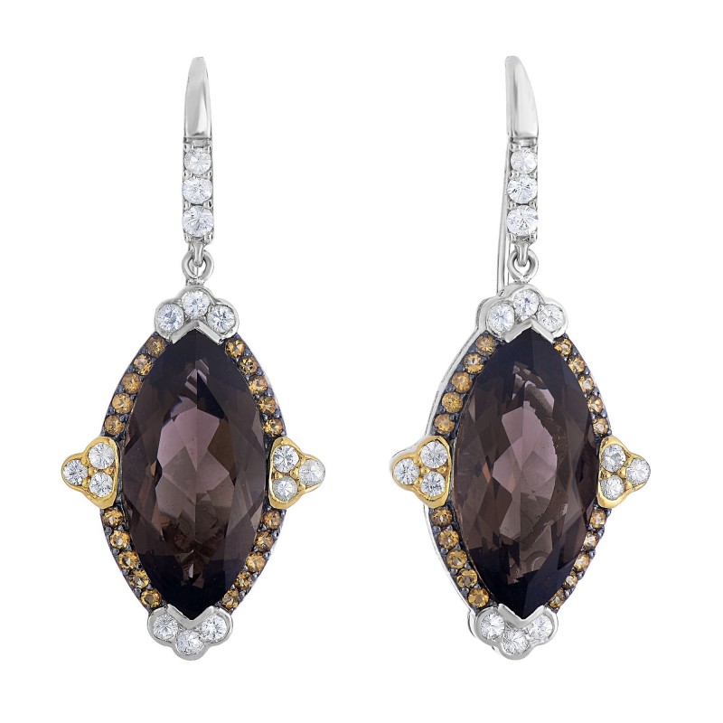 Silver And 18Kt Gold Gem Candy Marquise Drop Earrings With Smokey Quartz, Citr Ine And White Sapphire