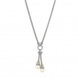 Silver And 18Kt Gold  17In  Popcorn Lariat Necklace With White Pearl