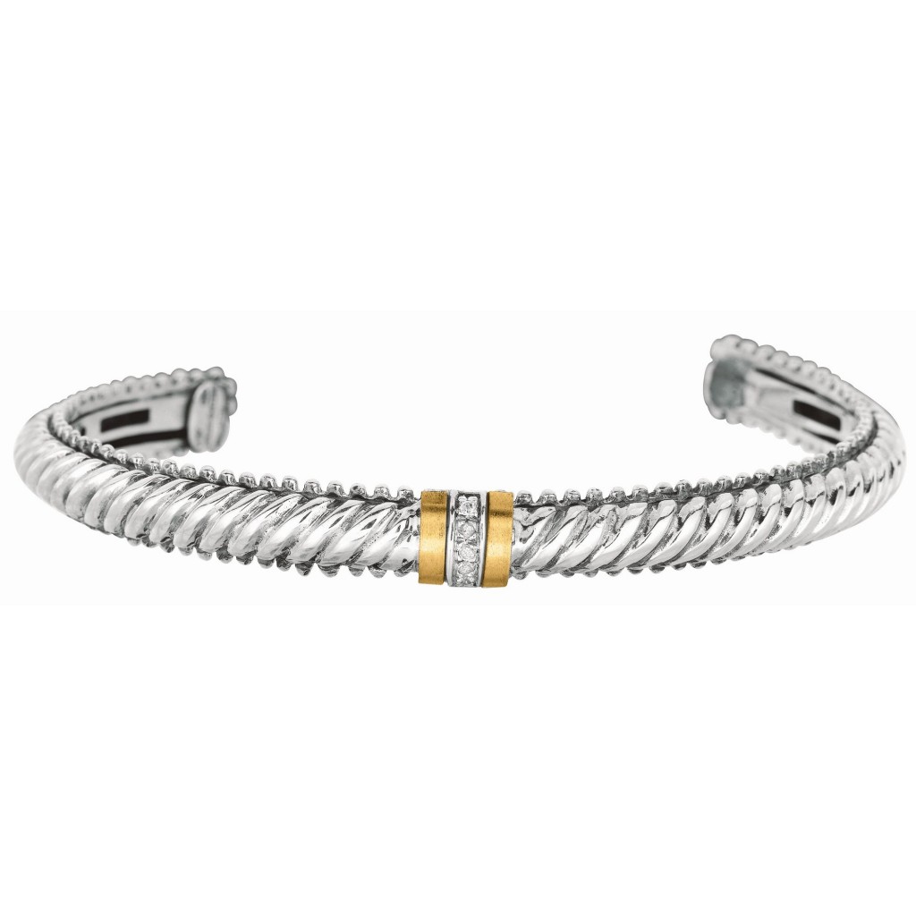 Silver And 18Kt Rhodium Finish Italian Cable Cuff Bangle With Diamonds
